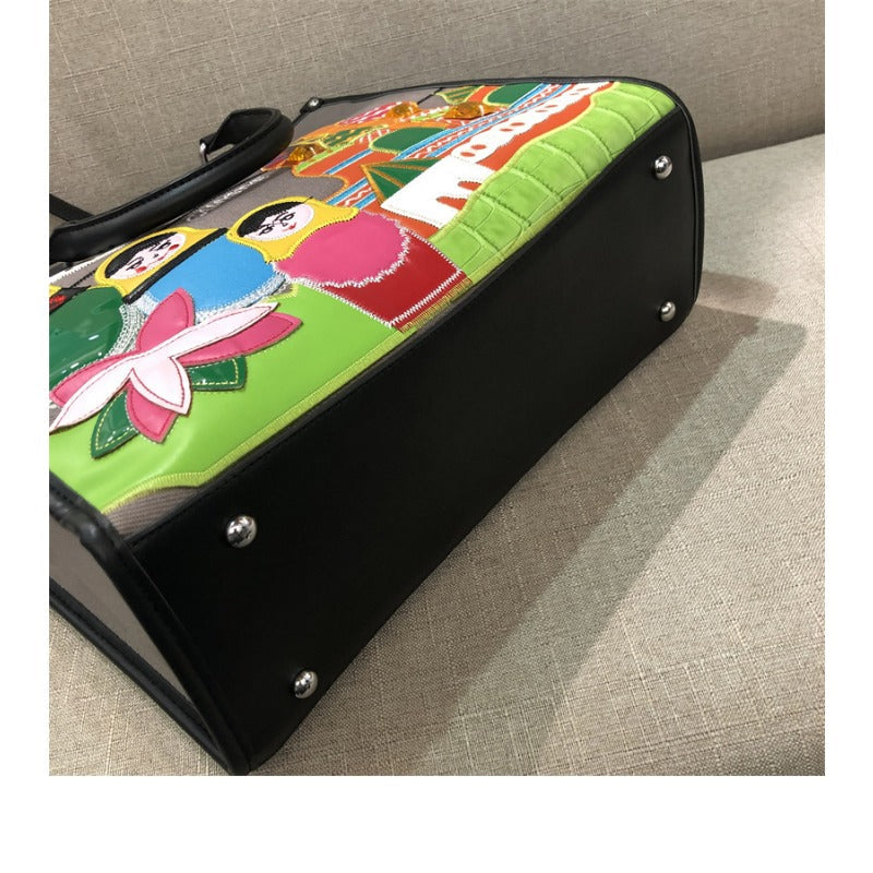 Chrome Heart Leather Bag Splicing Embroidered Tote Bag