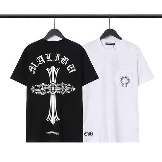 CHH Chrome Heart T Shirts Croix Cross Leather Printed Short Sleeve T-Shirt