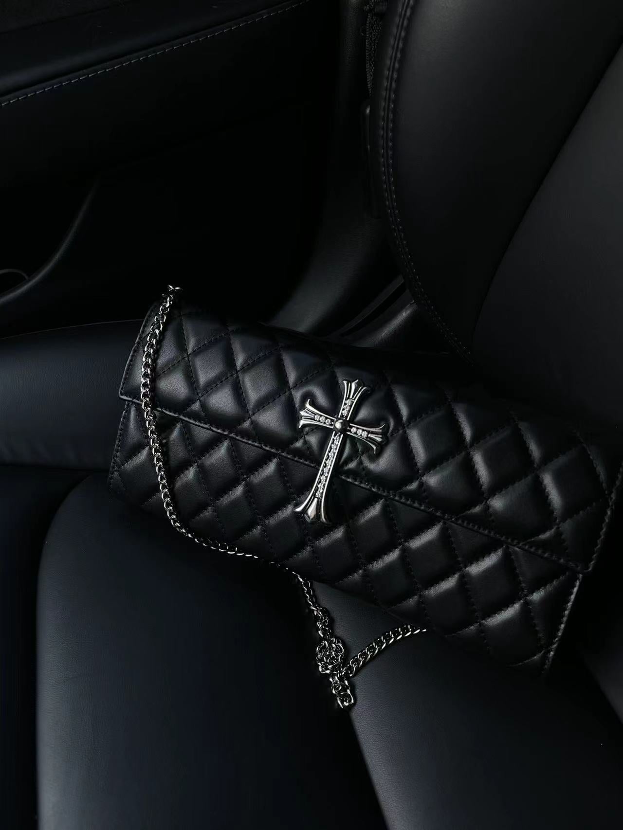 Chrome Heart Leather Bag Vintage Diamond-encrusted Shoulder Crossbody Bag