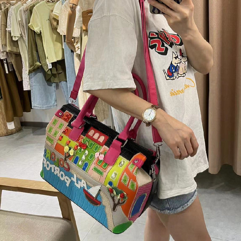 Chrome Heart Leather Bag Embroidered Cartoon Shoulder Bag Crossbody Bag